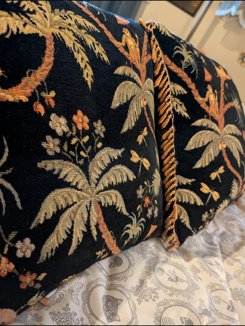 Vintage 90's Tapestry Pillows Woven Jacquard Wooden Beaded Trim Set Of 2